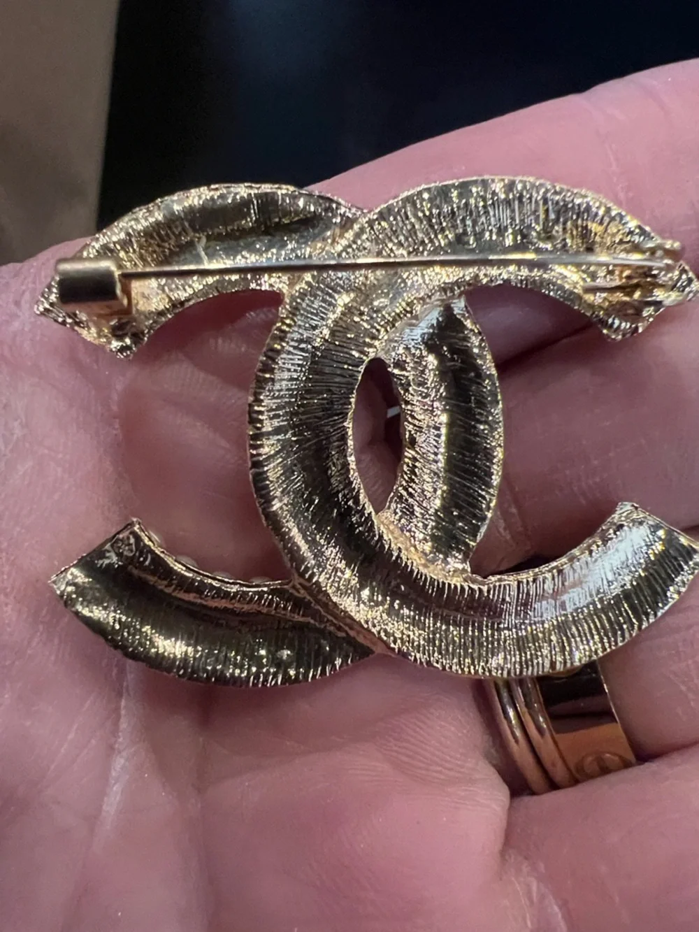 CHANEL Gold-Tone Double C Brooch with Pearl Trim - Picture 4 of 5